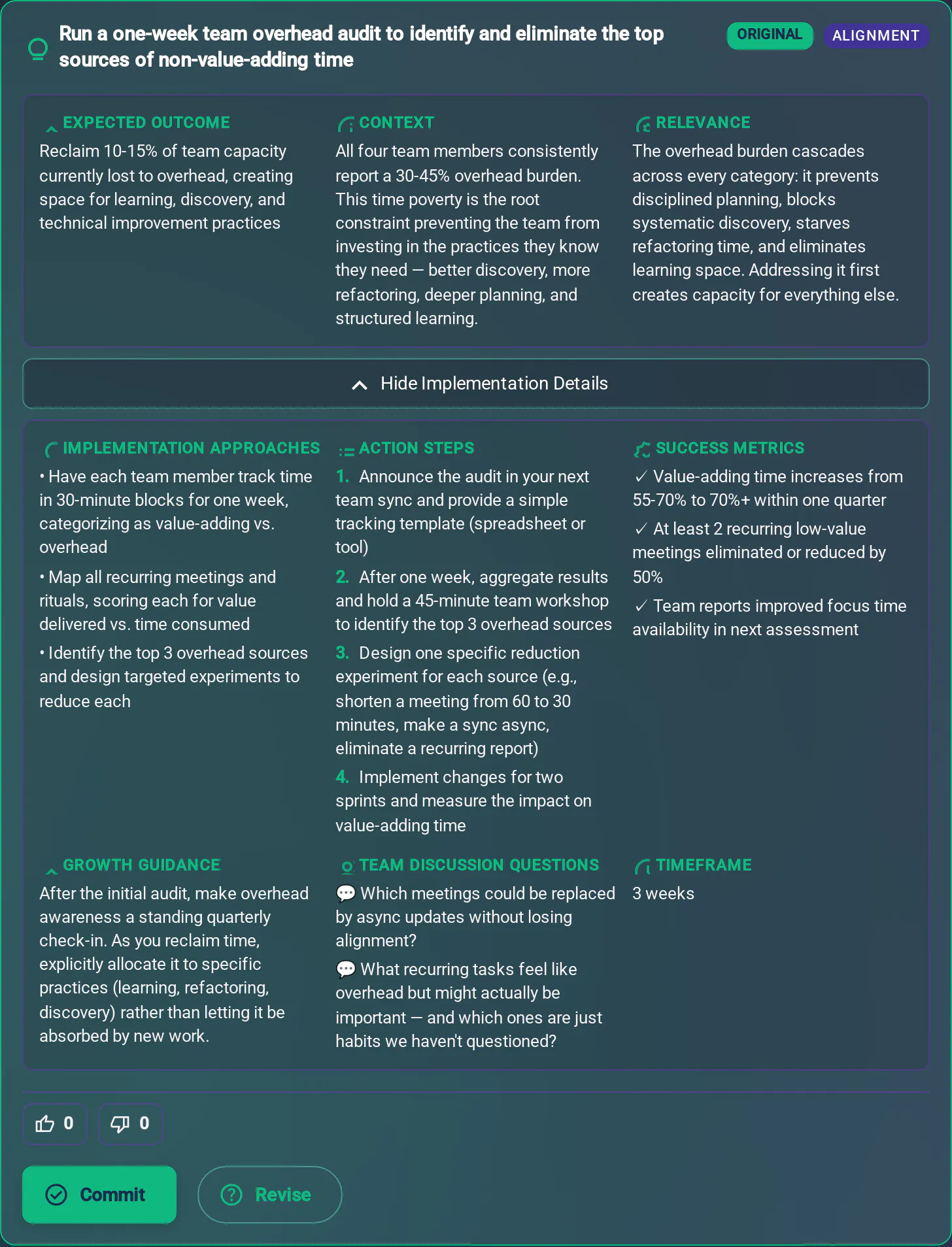 An improvement suggestion with expected outcome, context, action steps, and success metrics